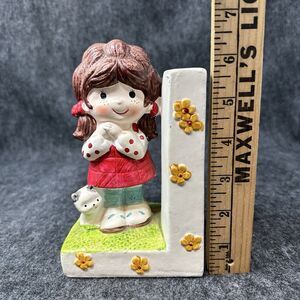Vintage 1977 Gentle Treasures Book End SINGLE Girl Red Dress Brown Hair Kitty